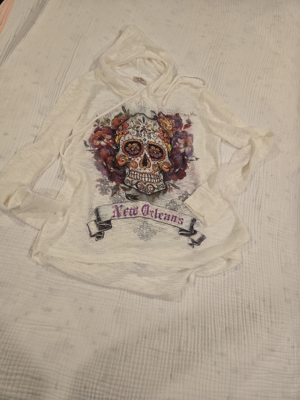 Women's Cream Hoodie Top with Colorful Rhinestone Sugar Skull Graphic